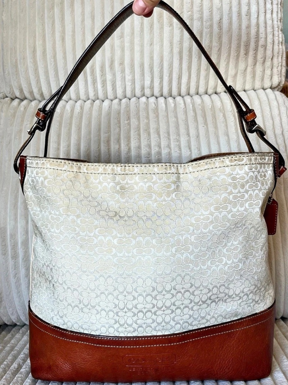 Vintage Coach Signature Canvas Leather Hobo Bucket Bag Cream Tan Y2K F11666🤎☕️🪵🍂